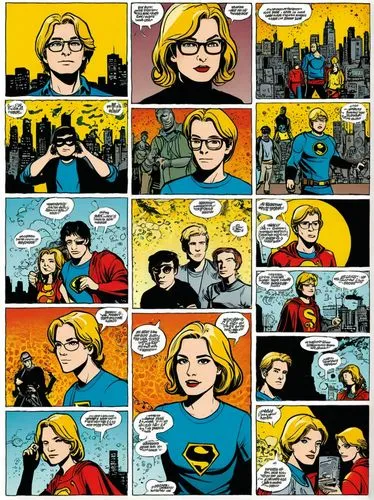 Design a fun comic page for a youth magazine.,comic strip with a young woman talking to a man and a cat,comic speech bubbles,supergirl,comic style,supercouple,superhero comic,comic hero,Illustration,V