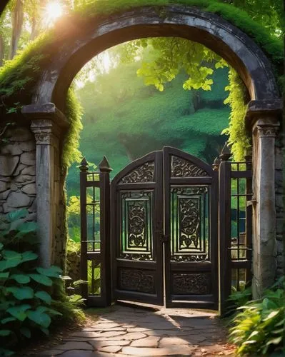 Rustic wooden gate, intricately carved with natural patterns, surrounded by lush greenery, overgrown vines, ancient trees, serene forest, warm sunlight filtering through leaves, detailed wooden textur