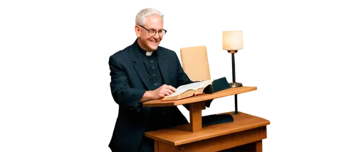 Older man, priest, holding bible, sitting, wooden desk, comfortable posture, glasses, white hair, gentle smile, warm lighting, 3/4 composition, shallow depth of field, earthy color tone, soft focus, r