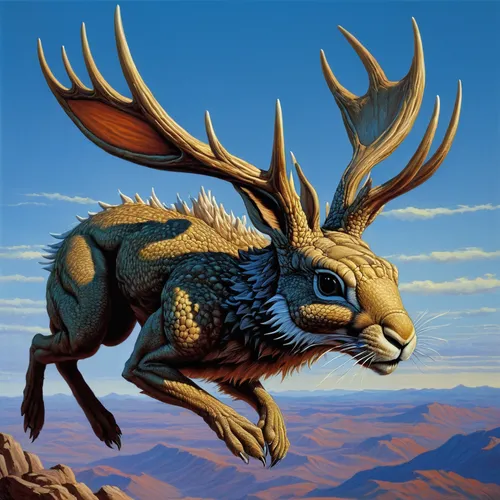 jackalope,nubian ibex,triceratops,moraine,alpine ibex,steppe hare,loukaniko,uintatherium,cynorhodon,manchurian stag,trioceros,altiplano,horned,deer illustration,capricorn,steppe,jackrabbit,gold deer,kurai steppe,barren ground caribou,Illustration,American Style,American Style 07