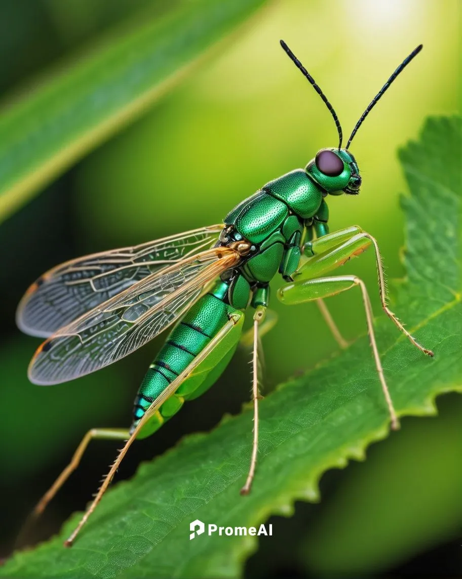 Vibrant green hindenbug, shiny exoskeleton, delicate wings, slender legs, tiny antennae, bright compound eyes, sitting, leafy branch, dense forest, warm sunlight filtering through leaves, soft focus b