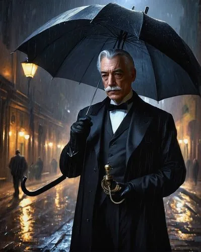 man with umbrella,the emperor's mustache,sci fiction illustration,admiral von tromp,cg artwork,gentlemanly,cary grant,butler,pipe smoking,lev lagorio,fantasy portrait,world digital painting,negroni,banker,italian painter,elderly man,photoshop school,gentleman icons,romantic portrait,cinematographer,Illustration,Realistic Fantasy,Realistic Fantasy 30