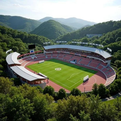 Rolling hills, lush greenery, natural stone walls, modern soccer stadium, sleek curved lines, vibrant team colors, floodlights, scoreboard, spectator seats, grassy fields, athletic tracks, sports equi