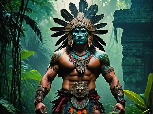 aztec,tribal chief,shaman,pachamama,maya civilization,polynesian,shamanic,tribal,avatar,warrior east,male character,tarzan,garuda,shamanism,aztecs,barbarian,machu pi,ancient costume,aborigine,shiva,Illustration,Abstract Fantasy,Abstract Fantasy 04