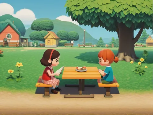 Compose a conversation between Isabelle and a villager in a tranquil outdoor setting in Animal Crossing.,picnic table,wooden table,gnomes at table,outdoor table,small table,wooden bench,sweet table,pi