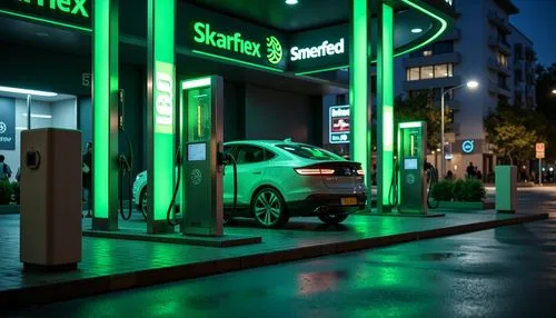 Modern electric vehicle charging station, sleek metal pillars, neon-lit signs, vibrant green accents, sustainable energy branding, eco-friendly design, urban cityscape background, nighttime ambiance, 