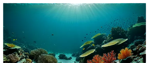 Underwater scene, coral reef, seaweed, colorful fish swimming, shimmering scales, ocean floor, sandy terrain, rocky formations, school of fish, sunlight filtering through water, soft blue-green lighti