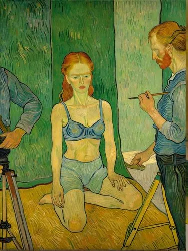 A model is being prepared by Vincent Van Gogh for his next drawing.,the artist has painted the young woman in blue,hodler,vincent van gough,vincent,gogh,gangloff,blumstein,Art,Artistic Painting,Artist