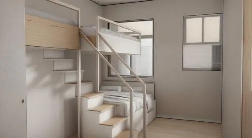 a small room with stairs and a bunk bed,habitaciones,walk-in closet,appartement,apartado,bunkbeds,lofts,Interior Design,Bedroom,Northern Europe,Scandinavian Serenity