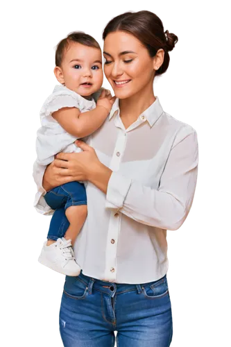 Mother, 30s, gentle smile, warm facial expression, brown hair, tied back in a bun, subtle makeup, soft eyeliner, natural blush, white blouse, casual jeans, sneakers, holding baby, loving gesture, tend