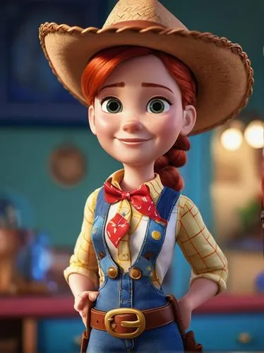 1girl, jessie from Toy Story, looking at viewer, big eyes, big smile, narrow hips, Pixar 3D animation, cowboy hat, red hair, braid, bow, belt, bootleg jeans, boots, (((round face))), masterpiece, 8k,t