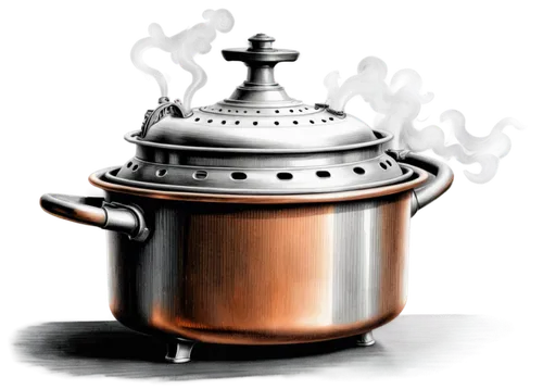 Steamer, old-fashioned, copper body, shiny surface, steam emitting from top, intricate details, nostalgic feel, rustic background, warm color tone, soft focus, 3/4 composition, close-up shot, ambient 