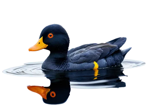 Rubber ducky, black silhouette, shiny surface, bright yellow beak, cute eyes, orange feet, water ripple reflection, soft backlight, 3/4 composition, low angle shot, cinematic lighting, dark blue backg