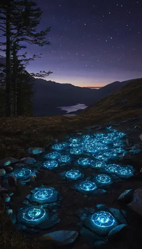 bioluminescence,stone circles,fireflies,mountain spring,fairy galaxy,alien world,water lotus,runes,environmental art,cosmos field,tide pool,mushroom landscape,sea jellies,orbs,lily pads,acid lake,stone lotus,borealis,night stars,constellation pyxis,Photography,Documentary Photography,Documentary Photography 31