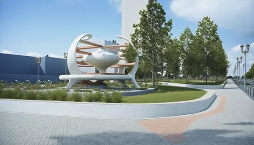 An Architectural rendering of A street with sculptural park to the right,the park area is designed for people to use,futuroscope,kangla,skolkovo,atyrau,qlizabeth olympic park,technopolis,Photography,G