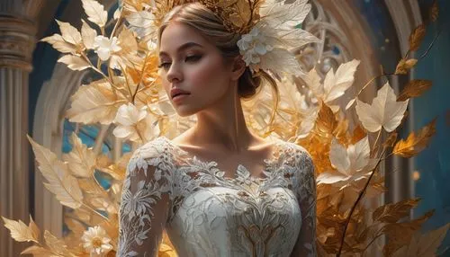 Generate a painting of a sublime beautiful young woman- brown- face and perfect honey eyes - centered in the style of ((Samantha Keely Smith and Anne Bachelier))-UHD (32K)_ white lace dress - acrylic 