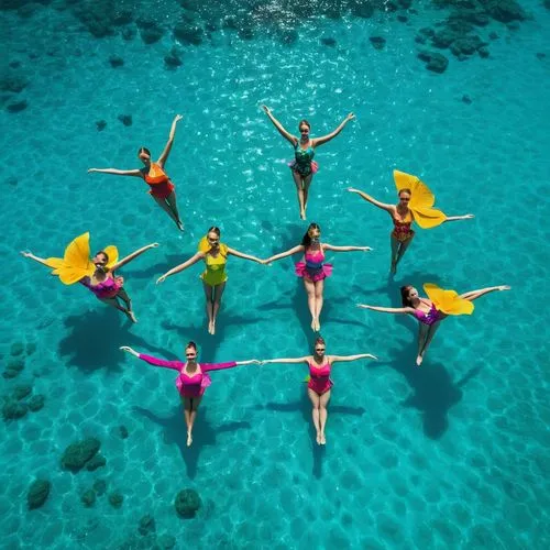 Imagine a vibrant tropical paradise where a group of water ballet team flaunt their stylish micro bikinis.,synchronized swimming,hoop (rhythmic gymnastics),island group,rhythmic gymnastics,ball (rhyth