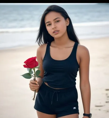 A tanned 18-year-old girl with straight black hair, she wears sneakers, a tank top and black shorts.  Lover holding a rose on the beach.,a beautiful asian woman holding a red rose in front of a body o