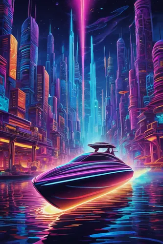 futuristic,futuristic landscape,speedboat,80s,3d car wallpaper,futuristic car,jet ski,ultraviolet,cyberpunk,80's design,elektroboot,vapor,voyage,phoenix boat,cruise,cg artwork,night highway,retro car,electric,1980's,Illustration,Realistic Fantasy,Realistic Fantasy 39