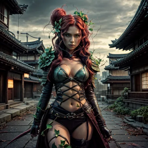 poison ivy,ivy,female warrior,background ivy,warrior woman,the enchantress,cosplay image,fantasy woman,asian costume,katana,fantasy warrior,jade flower,medusa,huntress,widow flower,jade,thorns,fire poker flower,medusa gorgon,bodypaint