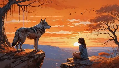 a brown wolf and a sad girl, both seen from behind. They are sitting on a cliff under a tree branch. The girl put his arm around the wolf's shoulders, she looks at the sheep with a sympathetic smile. 