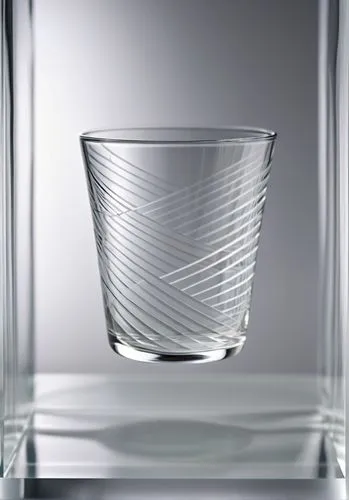 VERRE TRASNPARENT avec lignes graphiques très creusées dans la masse et marqués sur les cotés dans le verre comme si il était taillé  BLANC FOND NEUTRE,a glass vase is set on a table,glass cup,cocktai