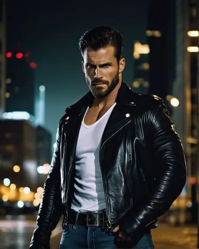 Ultior, muscular man, 30s, beard, short hair, intense gaze, scar above eyebrow, black leather jacket, white shirt, dark jeans, heavy boots, confident stance, standing, city street, nighttime, skyscrap