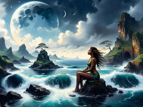 a woman sitting on a rock looking at the ocean,fantasy picture,mermaid background,amphitrite,atlantica,fantasy art,dreamscapes,Illustration,Realistic Fantasy,Realistic Fantasy 25