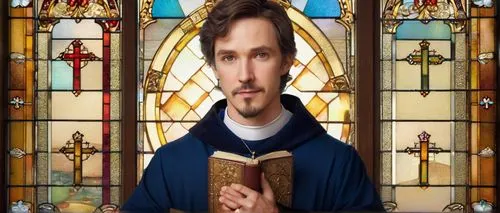 Mature man, Christian Schloe, 40yo, strong facial features, short brown hair, blue eyes, thin eyebrows, gentle smile, white priest collar, black robe, golden cross, holding Bible, standing, church int