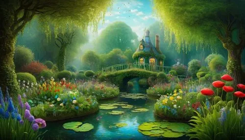 fairy village,fairy world,fairy forest,fantasy landscape,fairytale forest,fantasy picture,enchanted forest,wishing well,fairy house,fairy door,elven forest,cartoon video game background,children's background,garden pond,mushroom landscape,wonderland,children's fairy tale,fairy tale castle,fairy tale,a fairy tale,Illustration,Abstract Fantasy,Abstract Fantasy 01