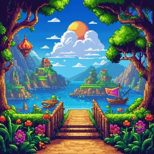 cartoon video game background,an island far away landscape,landscape background,zoombinis,pixel art,bird kingdom,paisaje,fairy village,fairy world,mushroom landscape,nature background,fantasy landscape,mushroom island,beautiful wallpaper,background design,mountain world,adventure bridge,idyllic,paraiso,paradisus