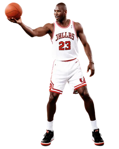 Michael Jordan, basketball legend, athletic build, muscular arms, determined facial expression, shaved head, iconic Air Jordan sneakers, white NBA jersey, black shorts, confident posture, dribbling, s