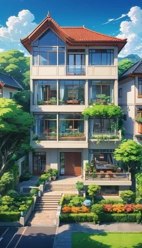 sky apartment,apartment complex,apartment building,apartment house,residential,apartment block,townhome,an apartment,home landscape,dreamhouse,modern house,yamashiro,roof landscape,beautiful home,landscaping,landscaped,apartments,green living,shared apartment,ghibli,Illustration,Japanese style,Japanese Style 03