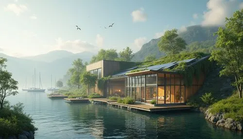 floating huts,house by the water,houseboats,houseboat,house with lake,cube stilt houses,stilt houses,boathouses,floating islands,boat house,stilt house,over water bungalows,seasteading,snohetta,boathouse,summer cottage,boat shed,3d rendering,aqua studio,floating island,Photography,General,Realistic