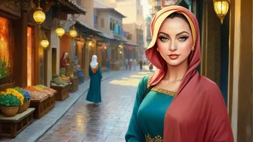 Romantic masterpiece oil painting, beautiful girl portrait, abaya dress, nostalgic 1950's style kitsch, breathtaking beautiful landscape, majestic scenery, Middle Eastern bazaar, Arabian marketplace, 