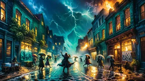 a painting depicting a street with a lot of people,fantasy picture,fantasy art,night scene,world digital painting,riddarholmen,sci fiction illustration,Illustration,Realistic Fantasy,Realistic Fantasy