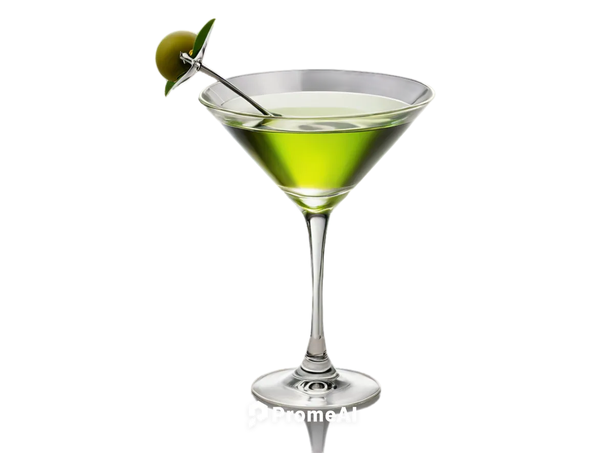 Martini glass, solo, transparent background, slender stem, conical bowl, delicate rim, sparkling crystal clear liquid, green olive garnish, metal pick, luxurious atmosphere, soft focus, shallow depth 