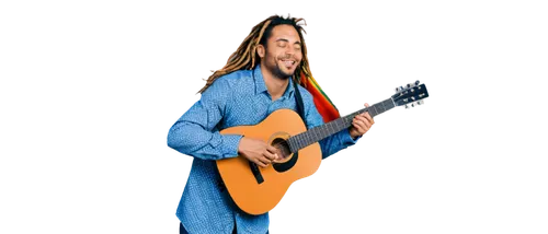 Calypso musician, male, solo, (30yo), dreadlocks, colorful shirt, jeans, guitar, smile, relaxed posture, closed eyes, gentle facial expression, natural scenery background, warm sunlight, shallow depth