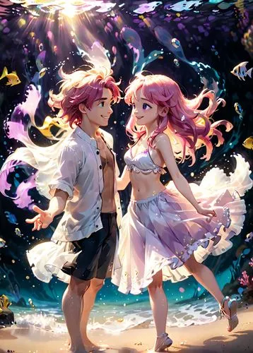 a young man and a young woman with purple eyes, long pink  hair, smiling, dancing, golden and white clothes. fish symbol, bikini, wave,a man and a woman dance while surrounded by bubbles,fairy galaxy,