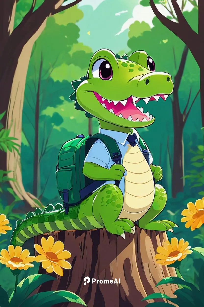 anime, alligator, green scaly skin, sharp teeth, cute eyes, youthful expression, school uniform, backpack, sitting on a tree stump, forest surroundings, vibrant flowers, sunlight filtering through lea