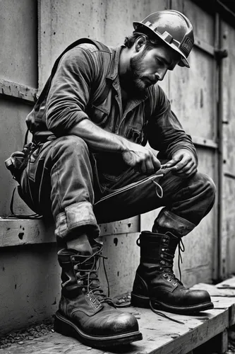 ironworker,steelworker,steel-toe boot,gas welder,welder,vietnam veteran,blue-collar worker,blue-collar,construction worker,worker,steel helmet,construction helmet,welders,hard hat,rifleman,peaked cap,welding,miner,steel-toed boots,man praying,Illustration,Black and White,Black and White 09