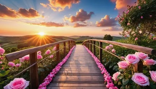 stairs to heaven,walkway,stairway to heaven,scenic bridge,heavenly ladder,wooden bridge,pathway,nature wallpaper,flower in sunset,splendor of flowers,beautiful landscape,nature background,wooden path,landscape rose,tree top path,landscape background,flower background,way of the roses,nature landscape,winding steps,Photography,General,Realistic