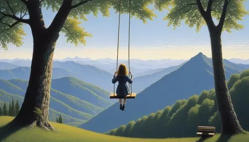 empty swing,hanging swing,tree swing,wooden swing,tree with swing,hanging down,zipline,tree top,zip line,golden swing,tightrope,hanged,rope swing,swinging,hanging willow,swing,gondola lift,world digital painting,hanging chair,cablecar,Art,Artistic Painting,Artistic Painting 48