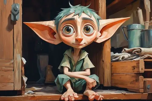 Dobby the Elf, House-Elf, loyal, friendly, gentle, worn-out clothes, ragged edges, faded colors, threadbare socks, bare feet, pointy ears, large eyes, expressive eyebrows, messy hair, warm lighting, s