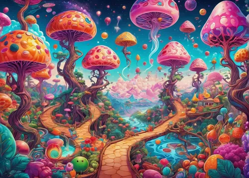 mushroom landscape,mushroom island,fairy world,fairy forest,fairy village,mushrooms,wonderland,cartoon forest,fairy galaxy,psychedelic art,dream world,fantasy landscape,coral reef,forest of dreams,forest mushrooms,acid lake,alien world,enchanted forest,3d fantasy,fantasy world,Illustration,Realistic Fantasy,Realistic Fantasy 39