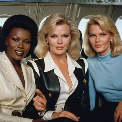 The first three passenger  seats of a Boeing 707 with iconic pop stars Kim Wilde on the left, Agneta Fältskog from ABBA, in the middle, and Grace Jones on the right, all women are gorgeous, smiling an