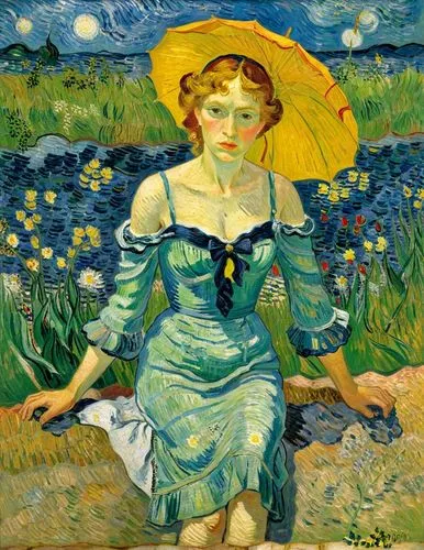 Bathing beauty. Let the motif appear as a French impressionist painting as if it had been painted by Vincent van Gogh.,woman with a yellow umbrella in a garden,girl in the garden,vincent van gough,gir