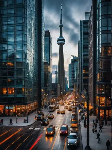 Toronto cityscape, architectural model, downtown area, glass skyscraper, modern design, steel structure, reflective windows, urban landscape, busy street, cars moving, pedestrians walking, streetlight