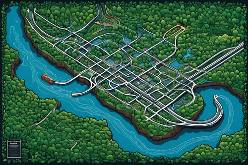 Construct an artistic metro map with nature elements for Washington DC.,the loop,industrial area,transportation system,train route,nürburgring,transport system,autobahn,race track,metropolis,river cou