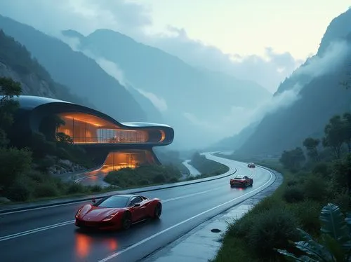 alpine drive,futuristic landscape,mountain pass,futuristic art museum,mountain highway,alpine style,futuristic architecture,alpine route,stradale,underground garage,steep mountain pass,ford gt 2020,scuderia,intersuisse,superhighways,super cars,exotic cars ferrari,mountain road,highways,suisse,Photography,General,Realistic